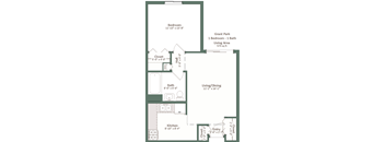 A floor plan of a living area with a bedroom, bathroom, kitchen, and living/dining space.