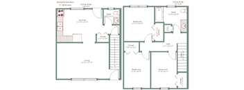 A floor plan of a house with a living area, kitchen, and bedrooms.