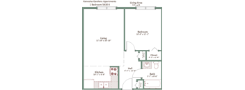A floor plan of a 1 bedroom apartment in Kenosha Gardens showing the layout of the living area, kitchen, bedroom, bathroom, and closet.