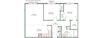 A floor plan of a 2 bedroom apartment with a kitchen and living area.