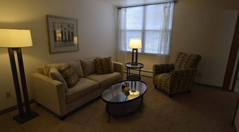 A living room with a couch, chair, and lamp.