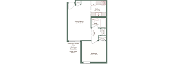 A floor plan of a small apartment with a living/dining area, kitchen, bathroom, and bedroom.