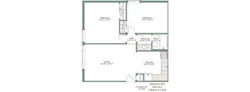 A floor plan of a two bedroom, one bathroom apartment.