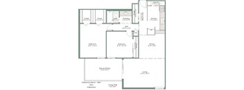 A floor plan of a two bedroom, one bathroom apartment.