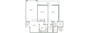 A floor plan of a house with a living room, two bedrooms, a dining room, a kitchen, a bathroom, and a balcony.