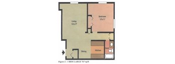 A floor plan of a 1 BRM LARGE 767 sq/ft apartment.