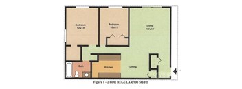 A floor plan of a 2BR regular 900 sq ft apartment.