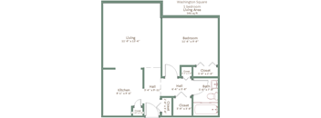 A floor plan of a one bedroom living area of 546 square feet.