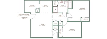 A floor plan of a house with a living area, two bedrooms, a kitchen, a dining room, a bathroom, and a Washington Square bedroom.