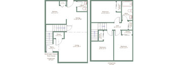 A floor plan of a townhouse with two bedrooms, a living area, a kitchen, a dining room, and a bathroom.