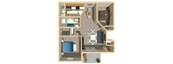 A 3D floor plan of a house with a swimming pool.