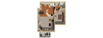 A floor plan of a house with a kitchen, living room, and two bedrooms.