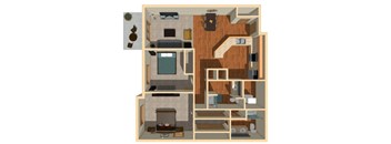 A 3D rendered image of a house layout.