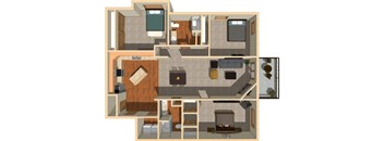 A 3D floor plan of a house with multiple rooms and furniture.
