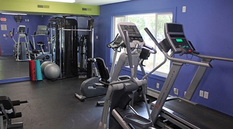 A gym with treadmills, elliptical machines, and other exercise equipment.