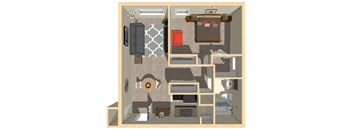 A 3D rendered image of a house layout.