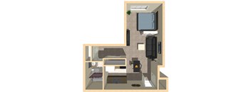A drawing of a house with a kitchen, living room, and bedrooms.