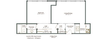 A floor plan of a one bedroom apartment in Loomis Hills, showing the layout of the rooms.