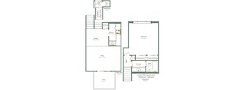 A floor plan of a one bedroom apartment with a living area, dining area, kitchen, bathroom, and lobby.