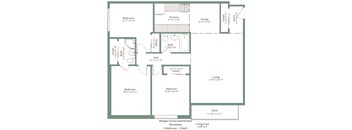 A floor plan of an apartment with three bedrooms, two bathrooms, a living area, and a deck.