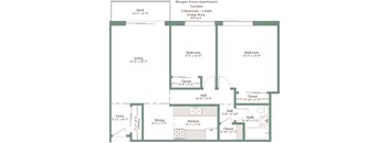A floor plan of a Morgan Grove Apartments Camden apartment with a deck and two bedrooms.