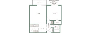 A floor plan of a Morgan Grove Apartments Carnaby apartment showing a living area, kitchen, dining area, bedroom, and bathroom.