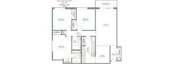 A floor plan of a 3 bedroom, 2 bathroom apartment at Morgan Grove Apartments.