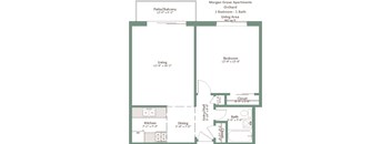 A floor plan of a one bedroom apartment with a living area, kitchen, dining area, bathroom, and closet.