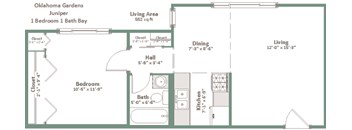 A floor plan of a house layout for Oklahoma Gardens Juniper.