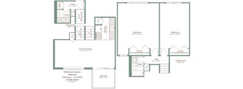 A floor plan of a house with two bedrooms, a living area, a bathroom, and a balcony.