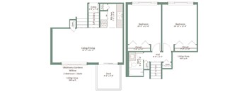 A floor plan of a house with two bedrooms, a living area, a kitchen, a bathroom, and an Oklahoma Gardens Willow.