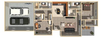 A floor plan of a two-bedroom apartment with a garage.