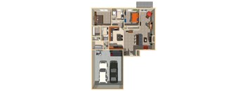A floor plan of a house with a garage and a kitchen.