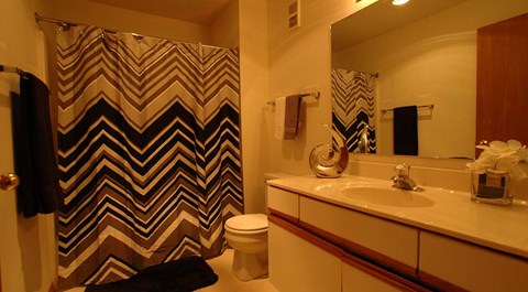 A bathroom with a chevron shower curtain and a white toilet.