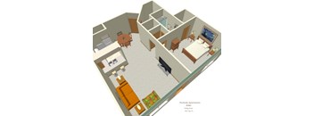 A 3D image of a Parkside Apartments living area.