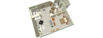 A 3D floor plan of a house with a kitchen, living room, and dining area.