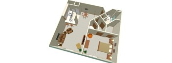 A 3D image of a house interior with a living room, dining room, kitchen, and bathroom.
