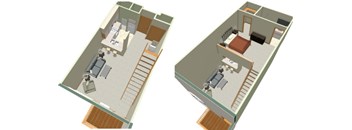 Two images of a house layout with a kitchen, living room, and bedrooms.