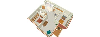 A 3D floor plan of a house with a kitchen, living room, and bathroom.