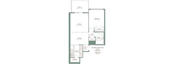A floor plan of an apartment with a living area, kitchen, dining area, bedroom, bathroom, and closet.