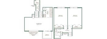 A floor plan of an apartment complex with two bedrooms, a living area, a dining area, and a bathroom.