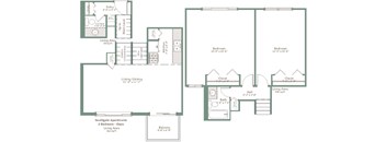 A floor plan of a house with two bedrooms, a living area, and a bathroom.