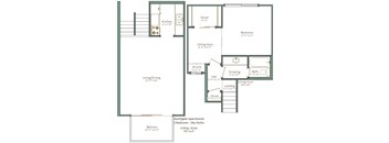 A floor plan of an apartment with a living area, bedroom, and bathroom.