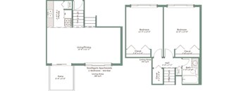 A floor plan of an apartment complex with two bedrooms and a living area.