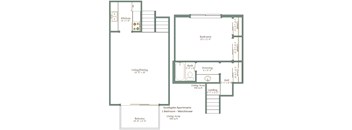 A floor plan of an apartment with a living room, kitchen, bedroom, bathroom, and balcony.