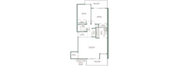 A floor plan of an apartment with two bedrooms, a living room, a dining room, a kitchen, and a balcony.
