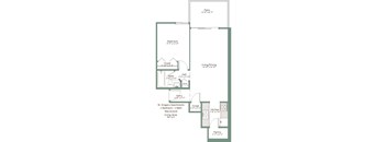 A floor plan of a one bedroom apartment with a living/dining area and a pantry.
