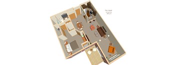 A 3D floor plan of a living area with furniture and a cobalt label.