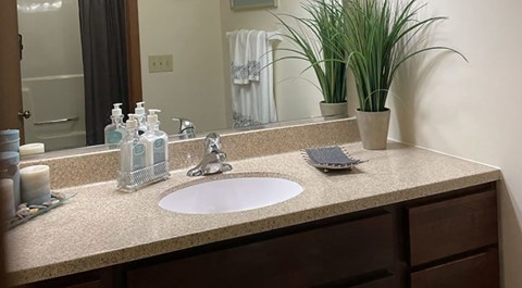 A bathroom sink with a mirror above it.