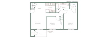 A floor plan of a house with a living area, two bedrooms, a kitchen, a bath, a closet, a dining area, and a storage area.